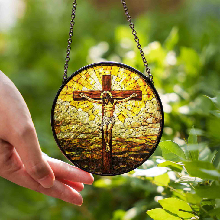 Jesus on the Cross Stained Glass Suncatcher Window Hanging Decor