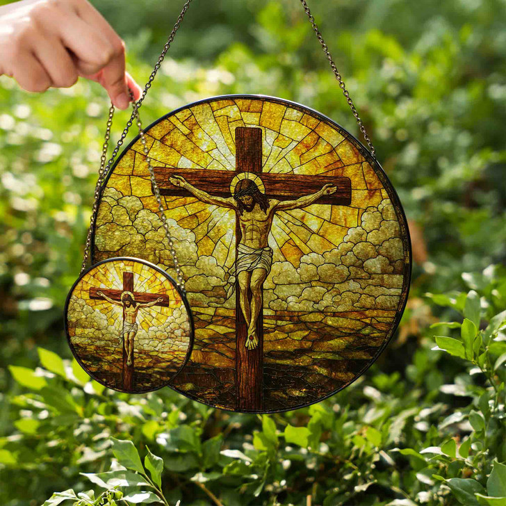 Jesus on the Cross Stained Glass Suncatcher Window Hanging Decor