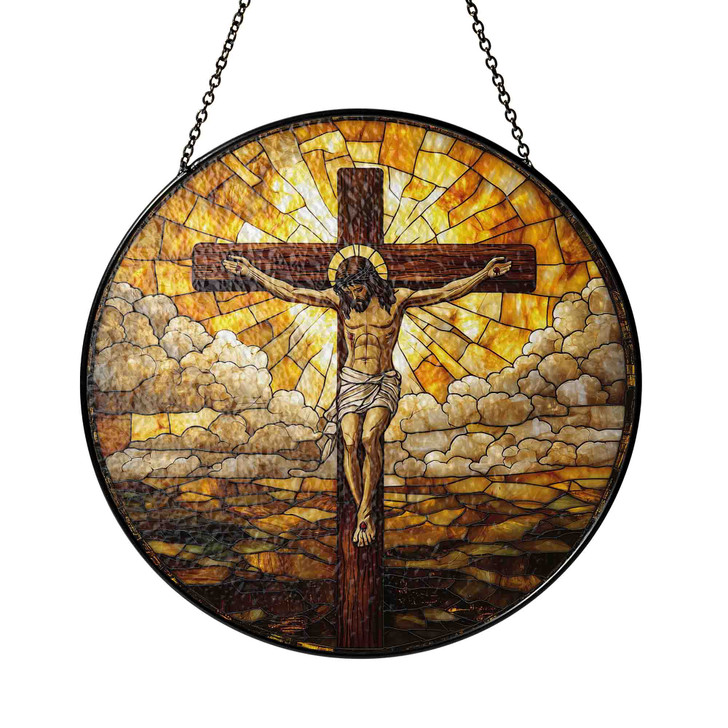 Jesus on the Cross Stained Glass Suncatcher Window Hanging Decor