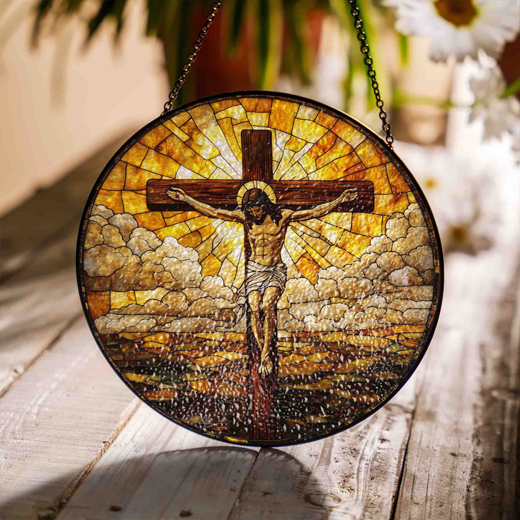 Jesus on the Cross Stained Glass Suncatcher Window Hanging Decor