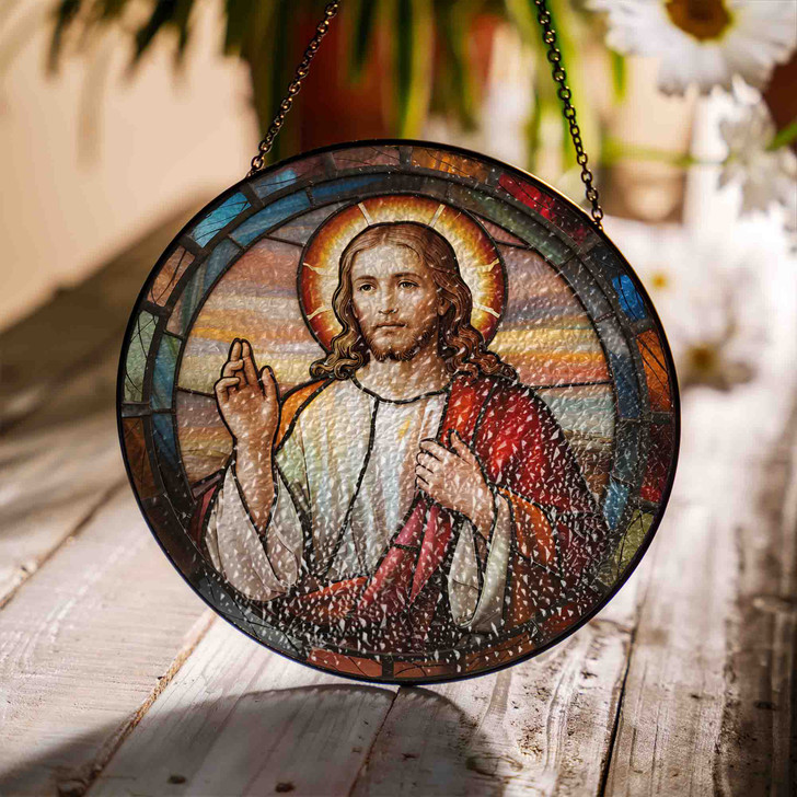Jesus Blessing Stained Glass Suncatcher Window Hanging Decor