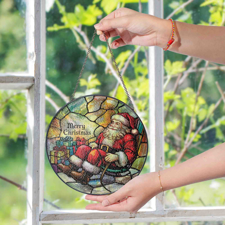 Santa Claus Christmas Stained Glass Suncatcher Window Hanging Decor