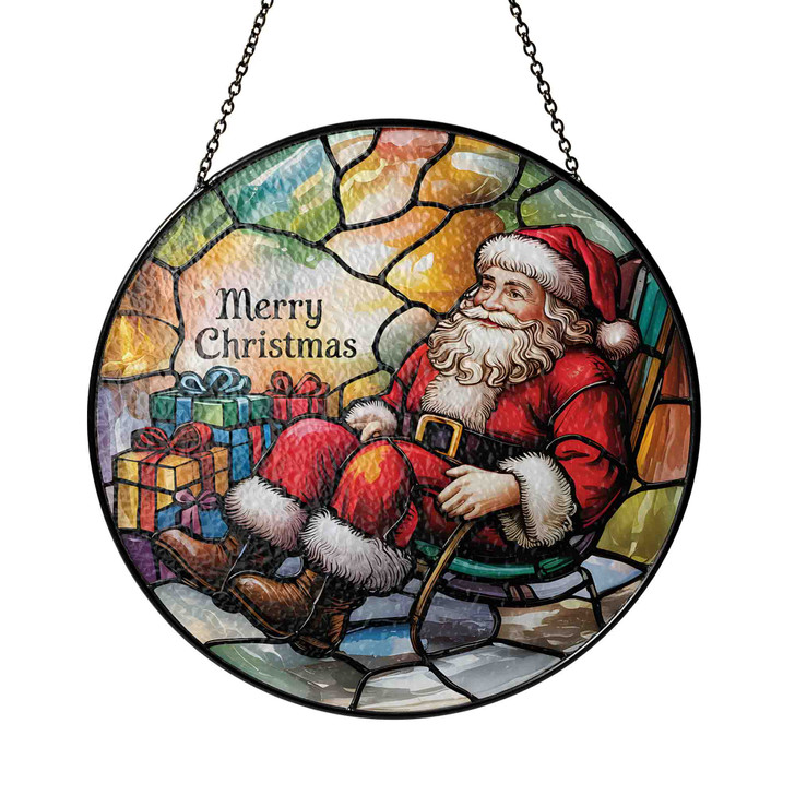 Santa Claus Christmas Stained Glass Suncatcher Window Hanging Decor