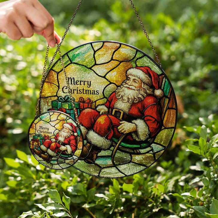 Santa Claus Christmas Stained Glass Suncatcher Window Hanging Decor