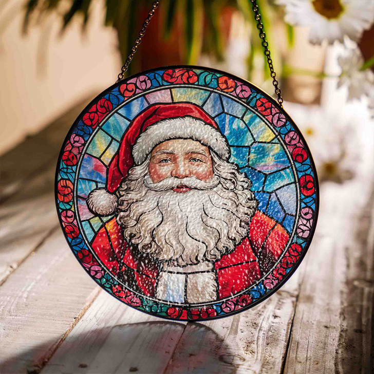 Santa Claus Face Stained Glass Suncatcher Window Hanging Christmas Decor