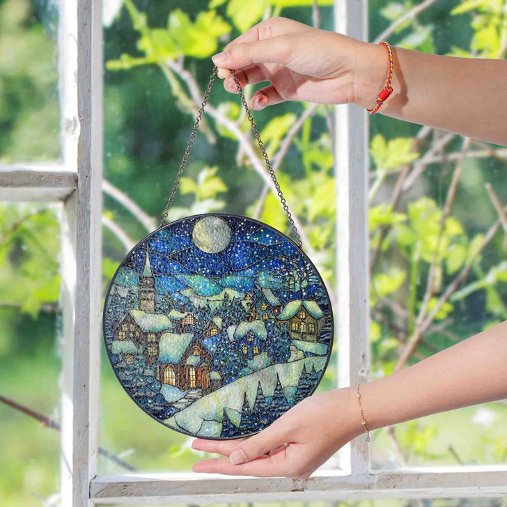 Snowy Village Winter Night Stained Glass Suncatcher Window Hanging Decor