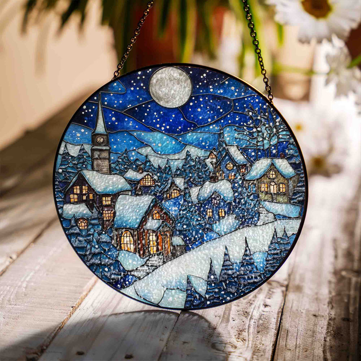 Snowy Village Winter Night Stained Glass Suncatcher Window Hanging Decor