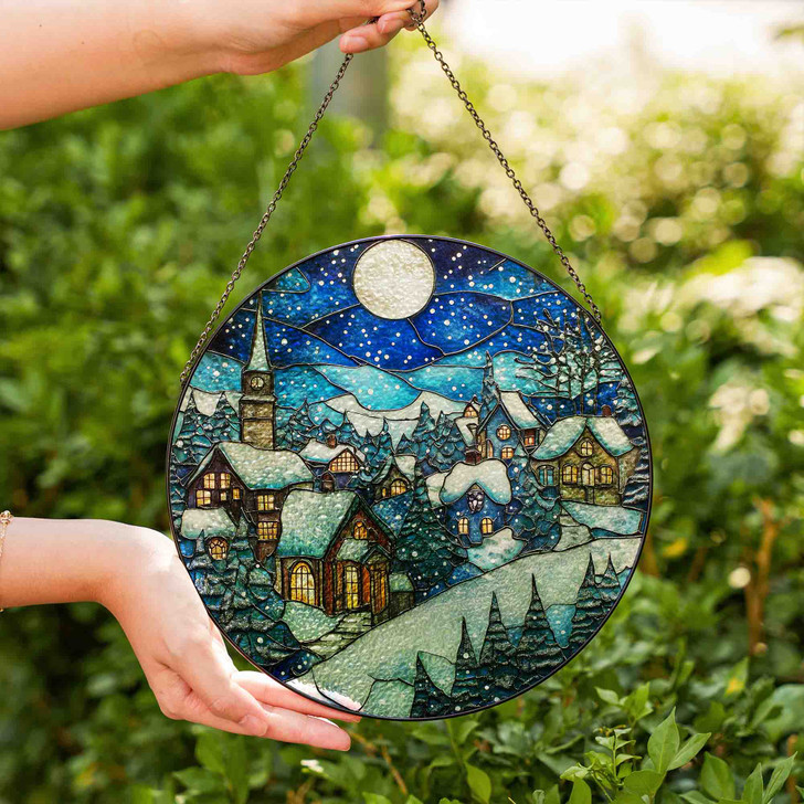 Snowy Village Winter Night Stained Glass Suncatcher Window Hanging Decor
