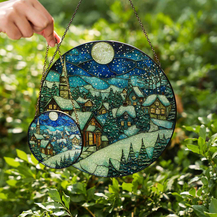 Snowy Village Winter Night Stained Glass Suncatcher Window Hanging Decor