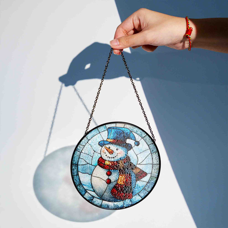 Snowman Winter Stained Glass Suncatcher Window Hanging Decor