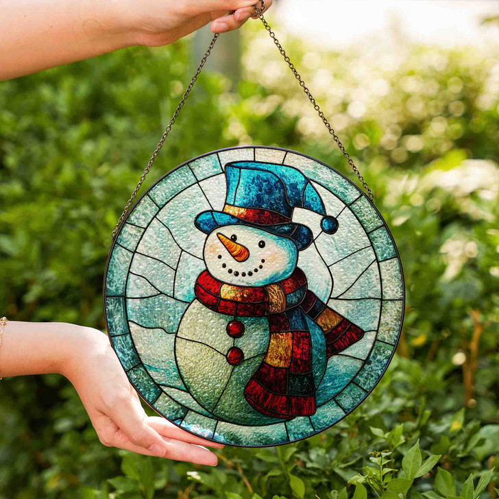 Snowman Winter Stained Glass Suncatcher Window Hanging Decor