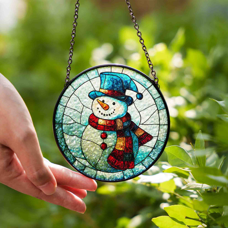 Snowman Winter Stained Glass Suncatcher Window Hanging Decor