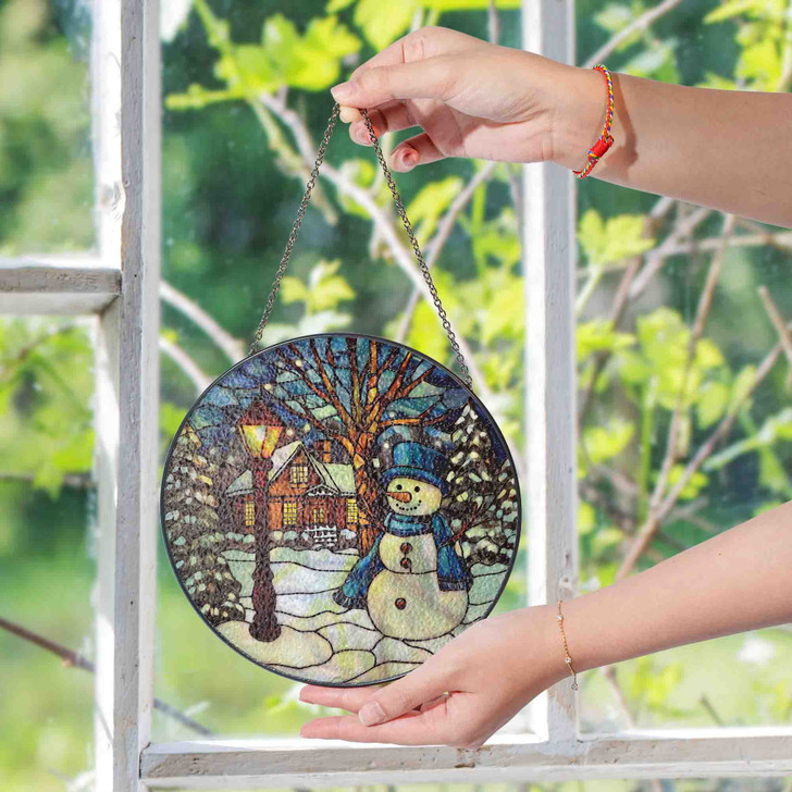 Snowy Night Snowman Stained Glass Suncatcher Window Hanging Decor
