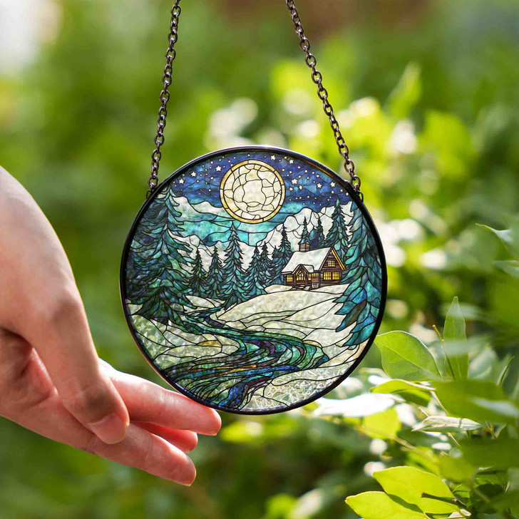 Moonlit Cabin Winter Scene Stained Glass Suncatcher Window Hanging Decor