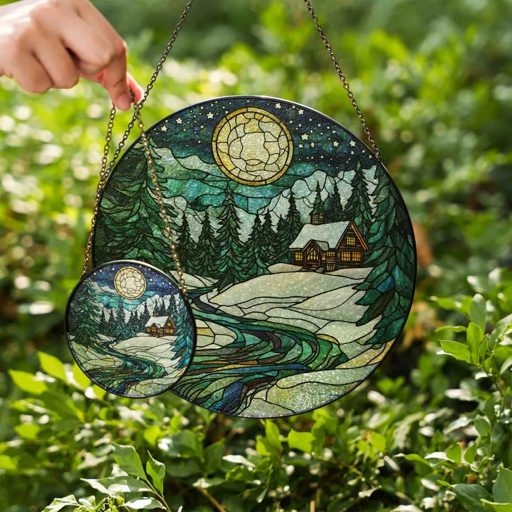 Moonlit Cabin Winter Scene Stained Glass Suncatcher Window Hanging Decor