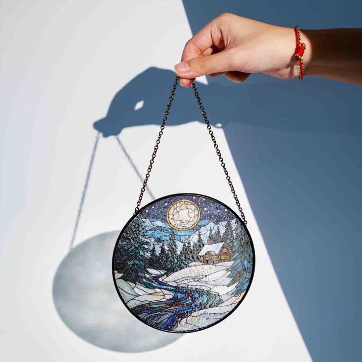 Moonlit Cabin Winter Scene Stained Glass Suncatcher Window Hanging Decor