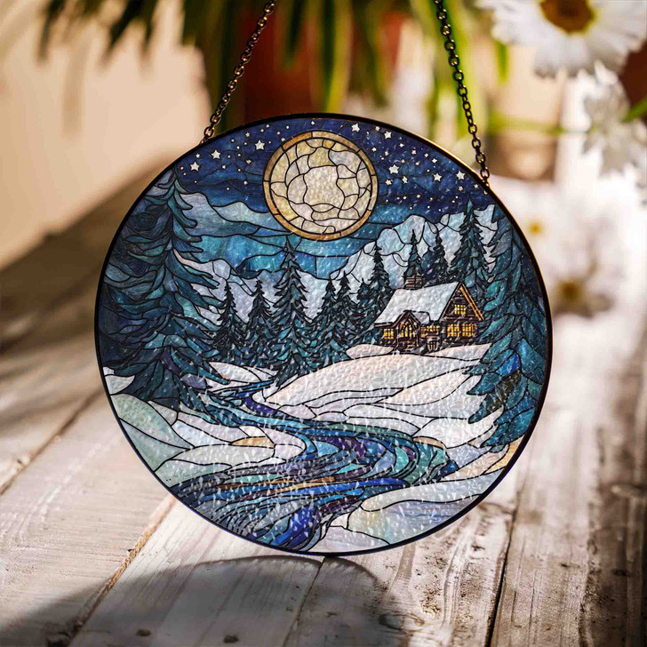 Moonlit Cabin Winter Scene Stained Glass Suncatcher Window Hanging Decor