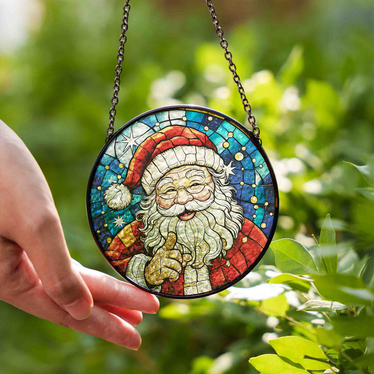 Smiling Santa Night Sky Stained Glass Suncatcher Window Hanging Decor