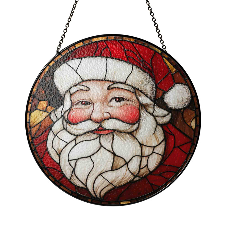 Vintage Santa Face Stained Glass Suncatcher Window Hanging Christmas Decor