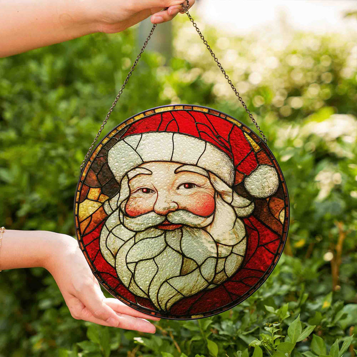 Vintage Santa Face Stained Glass Suncatcher Window Hanging Christmas Decor