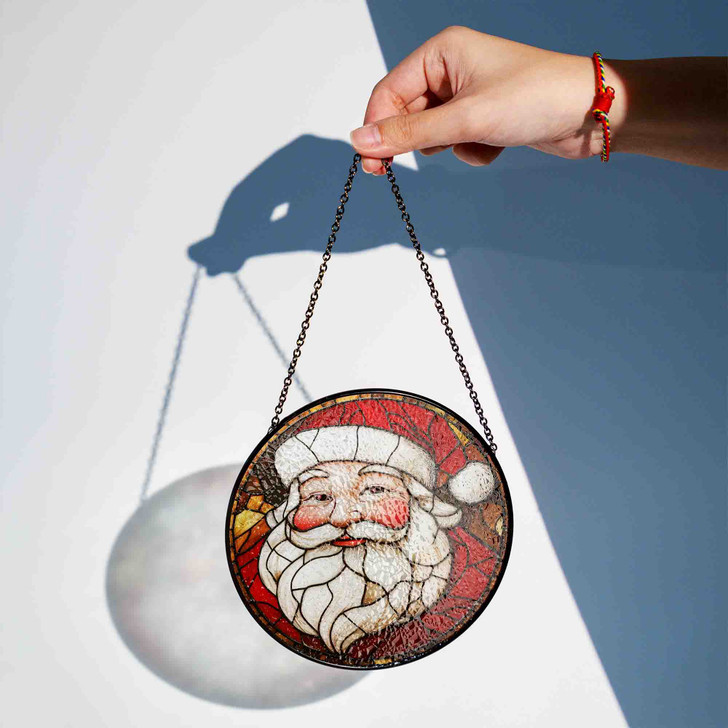 Vintage Santa Face Stained Glass Suncatcher Window Hanging Christmas Decor