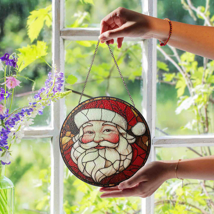 Vintage Santa Face Stained Glass Suncatcher Window Hanging Christmas Decor
