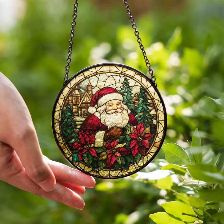 Santa with Poinsettia Stained Glass Suncatcher Window Hanging Christmas Decor