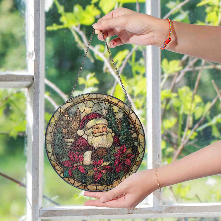 Santa with Poinsettia Stained Glass Suncatcher Window Hanging Christmas Decor