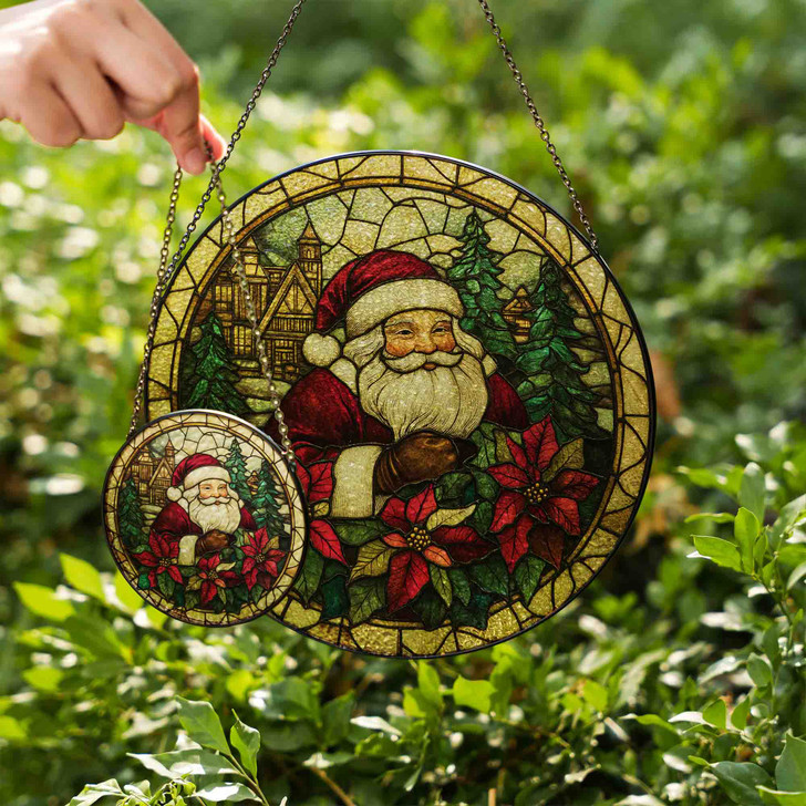 Santa with Poinsettia Stained Glass Suncatcher Window Hanging Christmas Decor