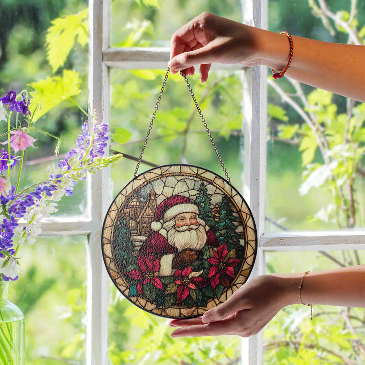 Santa with Poinsettia Stained Glass Suncatcher Window Hanging Christmas Decor