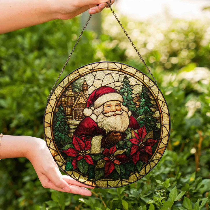 Santa with Poinsettia Stained Glass Suncatcher Window Hanging Christmas Decor