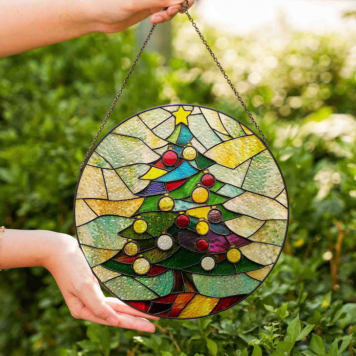 Christmas Tree Stained Glass Suncatcher Window Hanging Holiday Decor