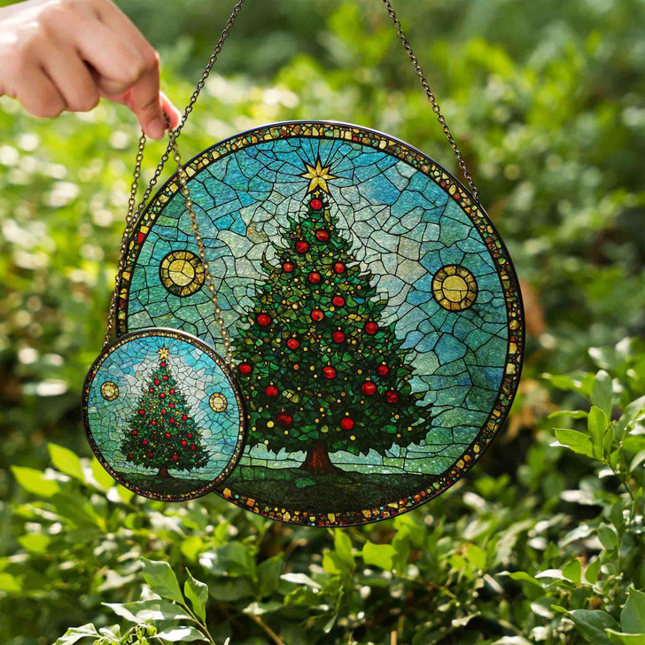 Elegant Christmas Tree Stained Glass Suncatcher Window Hanging Holiday Decor