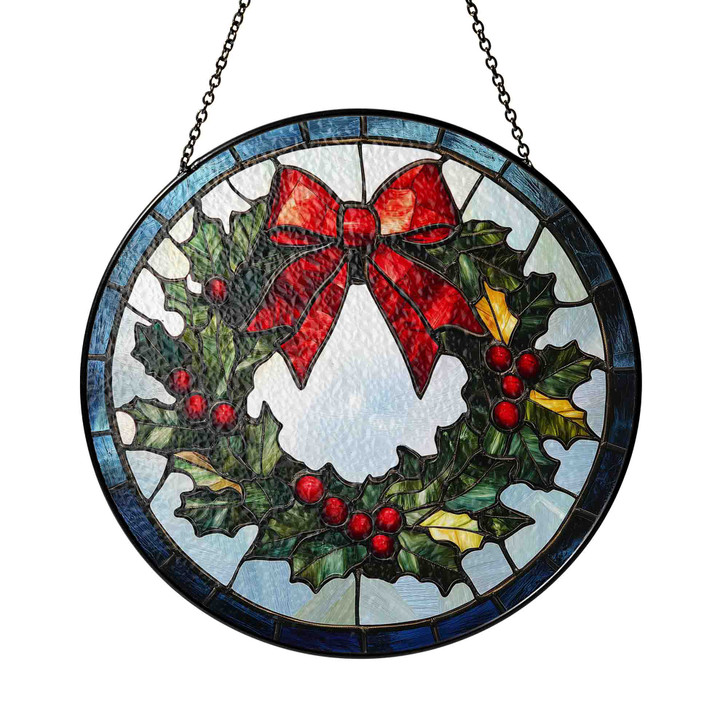 Christmas Wreath Stained Glass Suncatcher Window Hanging Holiday Decor