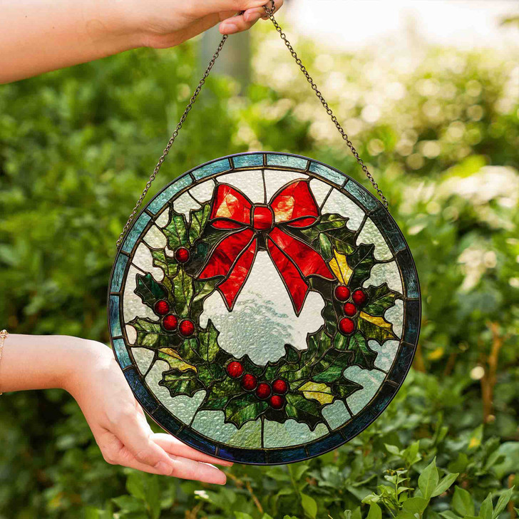 Christmas Wreath Stained Glass Suncatcher Window Hanging Holiday Decor