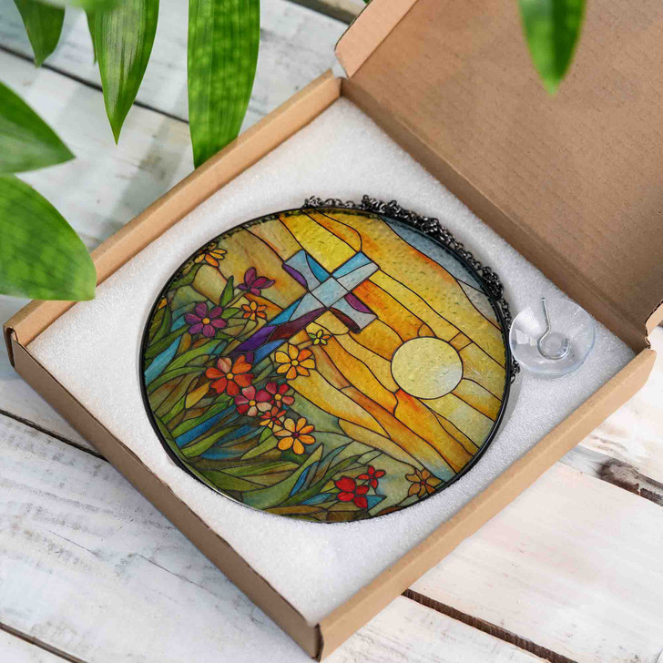 Sunrise Cross and Flowers Stained Glass Suncatcher Window Hanging Christian Decor