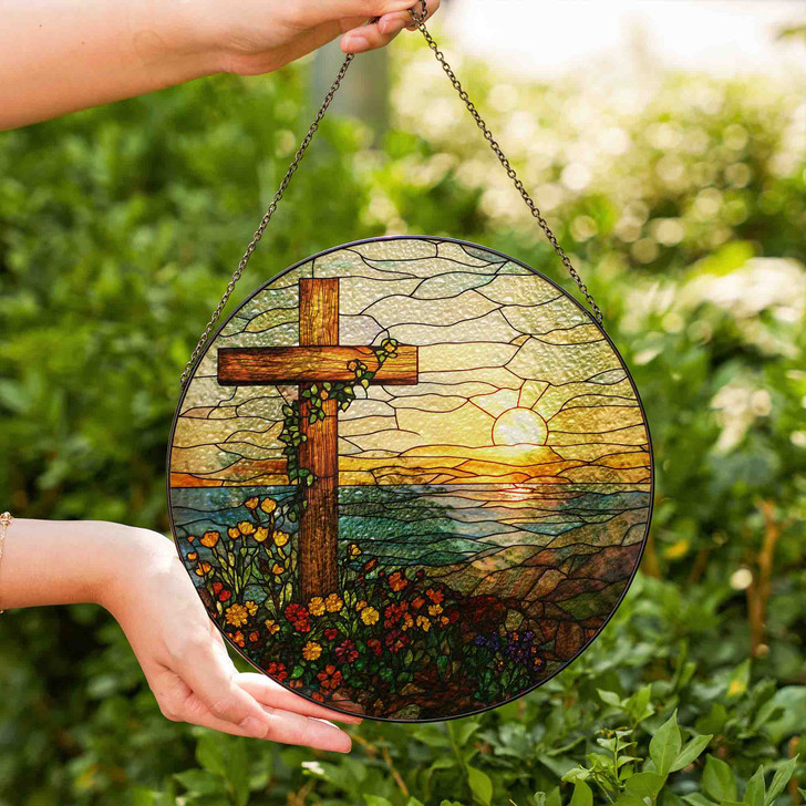 Cross at Sunset Stained Glass Suncatcher Window Hanging Christian Decor