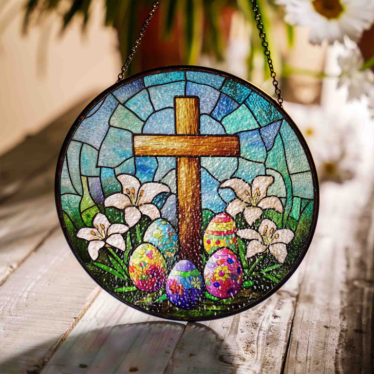 Easter Cross with Lilies and Eggs Stained Glass Suncatcher Window Hanging Decor