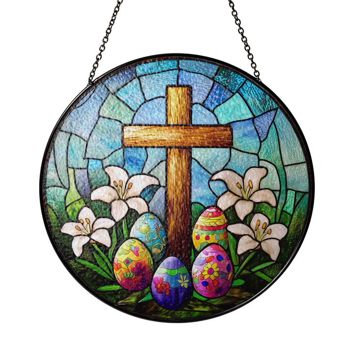 Easter Cross with Lilies and Eggs Stained Glass Suncatcher Window Hanging Decor