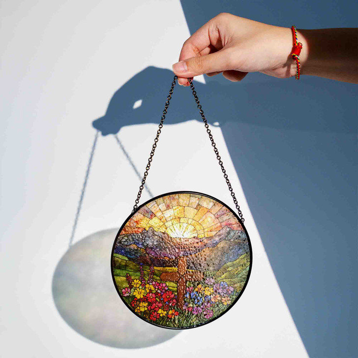 Mountain Sunrise Cross Stained Glass Suncatcher Window Hanging Christian Decor