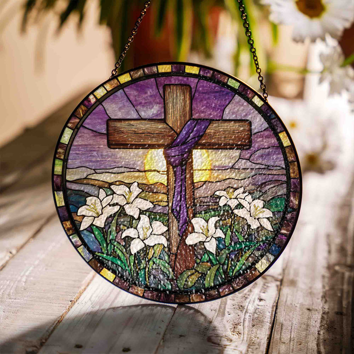 Jesus at Sunrise Stained Glass Suncatcher Window Hanging Christian Decor