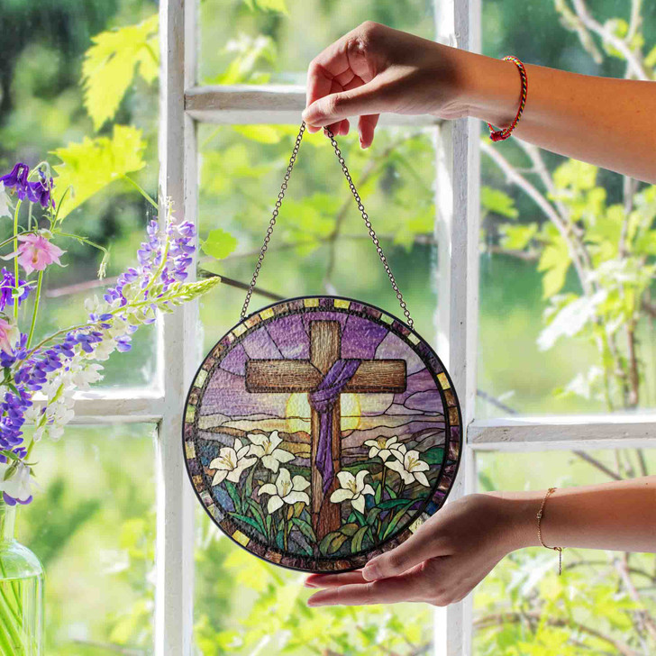 Jesus at Sunrise Stained Glass Suncatcher Window Hanging Christian Decor