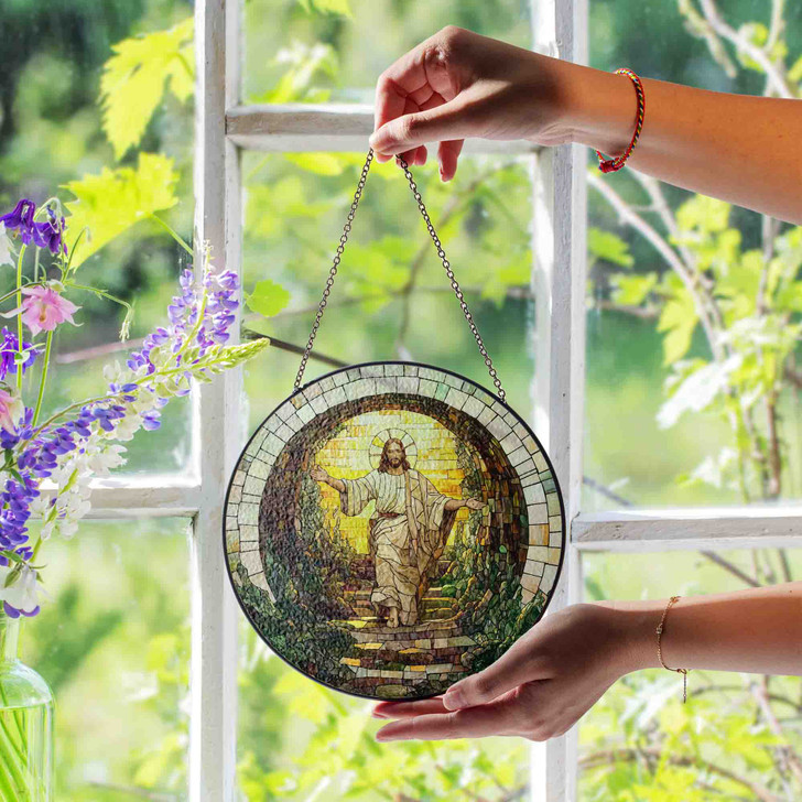 Resurrected Jesus Stained Glass Suncatcher Window Hanging Christian Decor