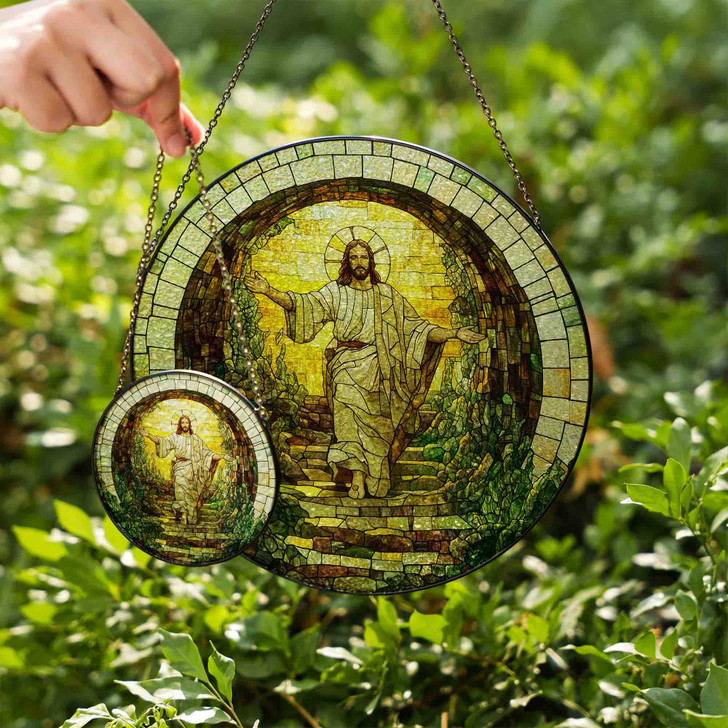 Resurrected Jesus Stained Glass Suncatcher Window Hanging Christian Decor