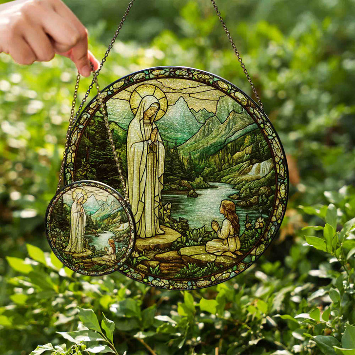Apparition of Virgin Mary Stained Glass Suncatcher Window Hanging Christian Decor