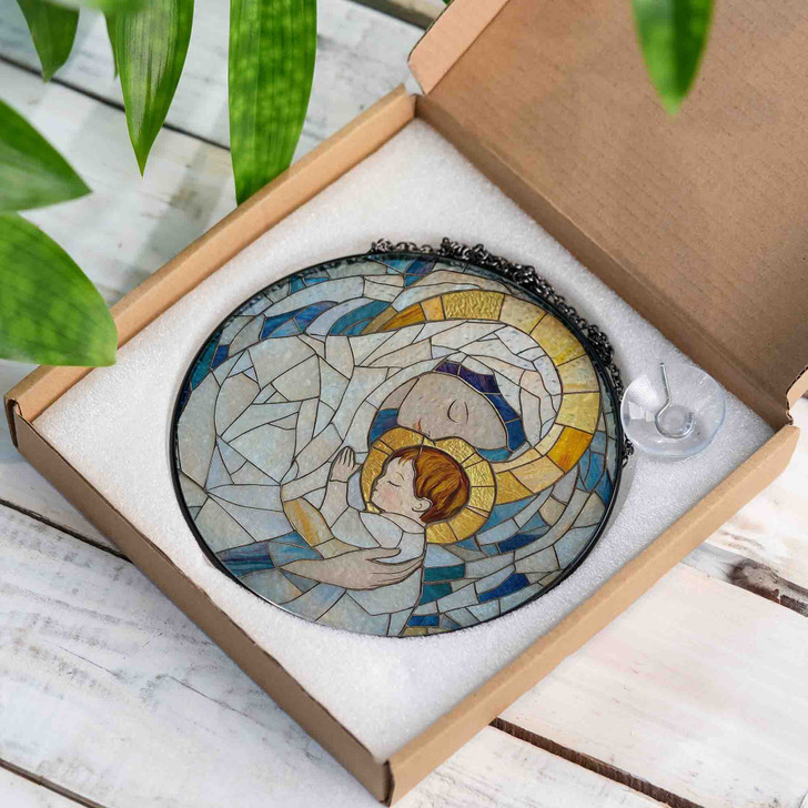 Mother and Child Stained Glass Suncatcher Window Hanging Spiritual Decor