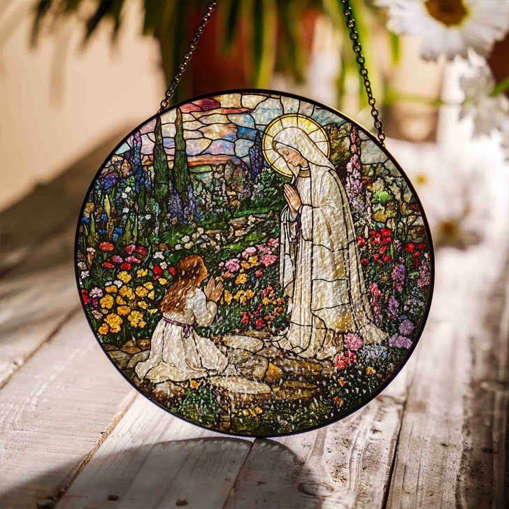 Virgin Mary Apparition with Child Stained Glass Suncatcher Window Hanging Decor