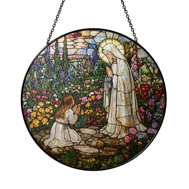 Virgin Mary Apparition with Child Stained Glass Suncatcher Window Hanging Decor