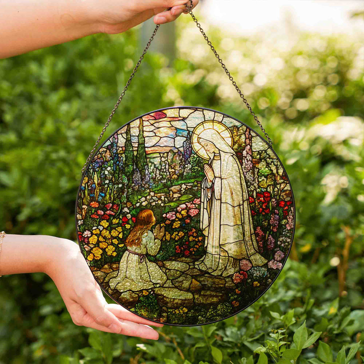 Virgin Mary Apparition with Child Stained Glass Suncatcher Window Hanging Decor