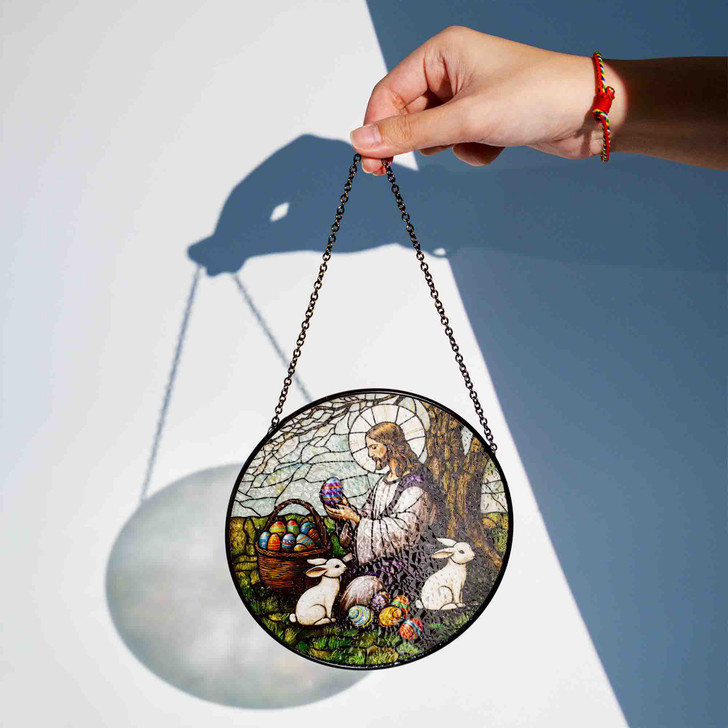 Jesus with Easter Eggs and Bunnies Stained Glass Suncatcher Window Hanging Decor